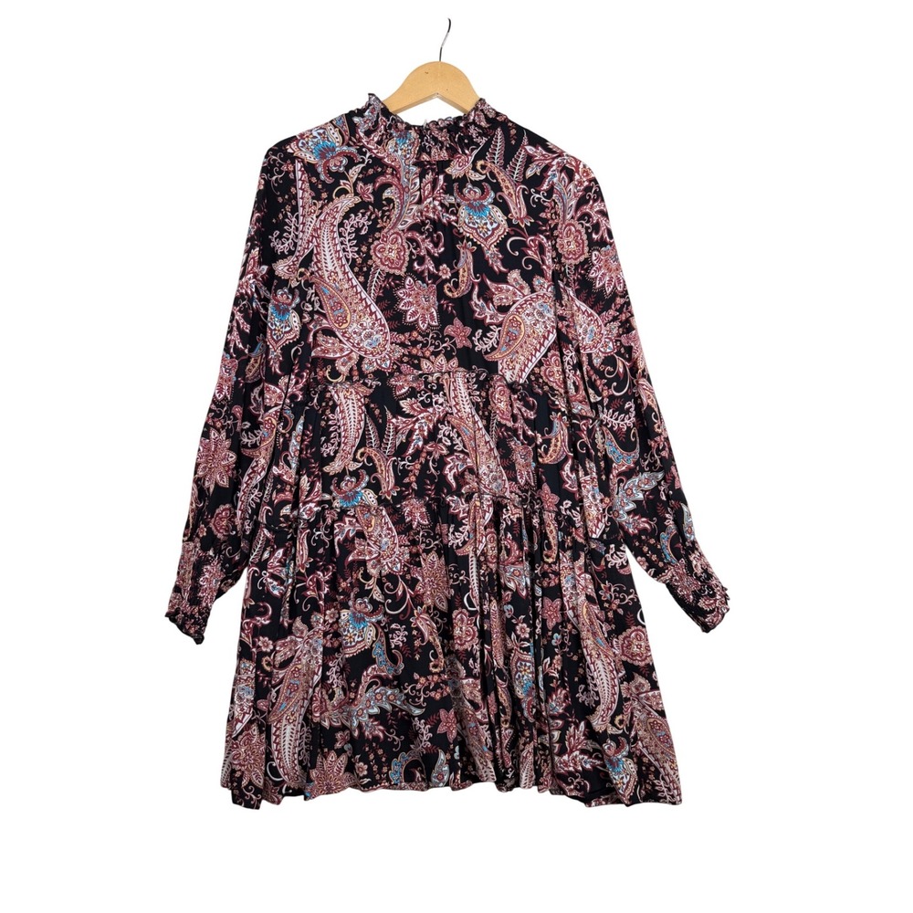 Anthropologie Cady Tiered Paisley Boho Mock Neck‎ Tunic Dress size Small Black